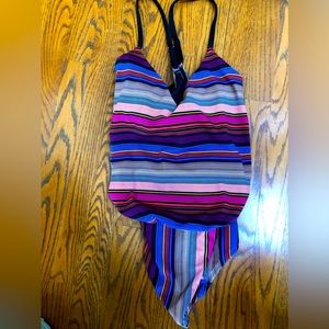 Athleta Striped V-Neck One-Piece Swimsuit - Pink, Blue, Black, Purple